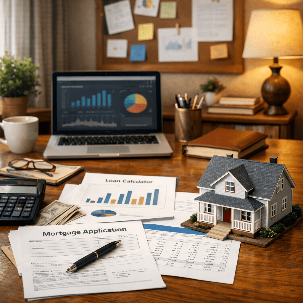 Mortgage application form, loan calculator charts, calculator, pen, house model, and laptop with financial graphs on wooden desk