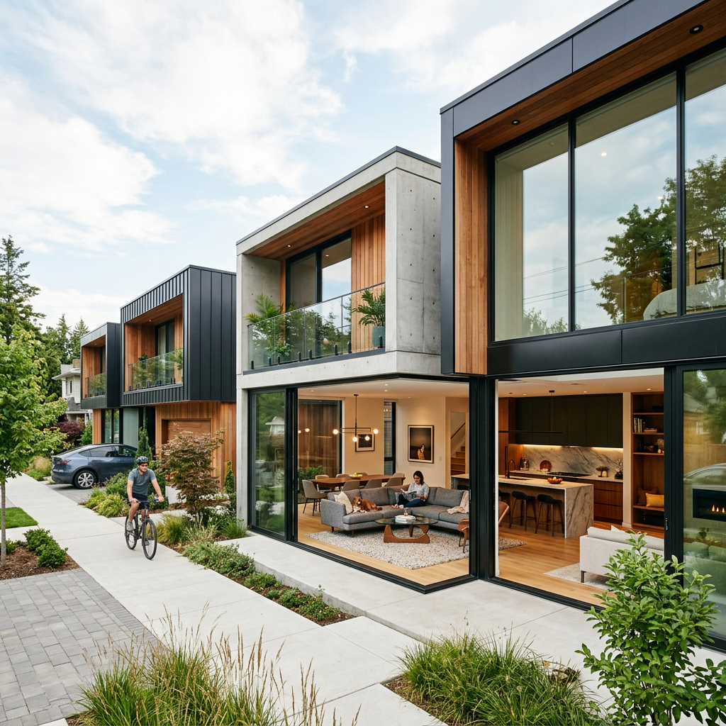 Modern houses with open glass walls showing living room and kitchen surfaces